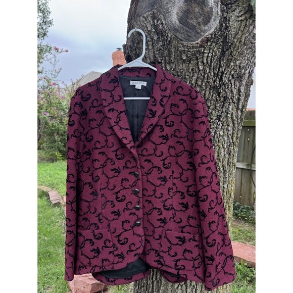 Y2K Pendleton Womens XL Wool Blend Floral Blazer ButtonUp Maroon & Black Vines - Picture 2 of 6